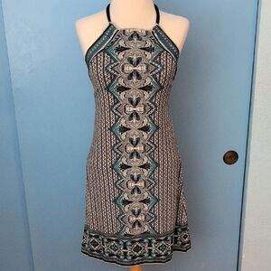 Max Studio Sleeveless Halter-Neck Printed Dress in Teal and Black Size XS